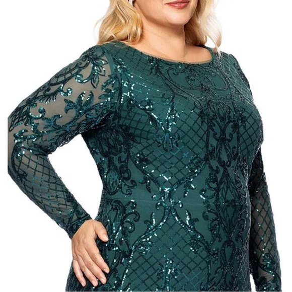 Betsy & Adam Teal Sequin Long Sleeve Dress - Picture 4 of 5